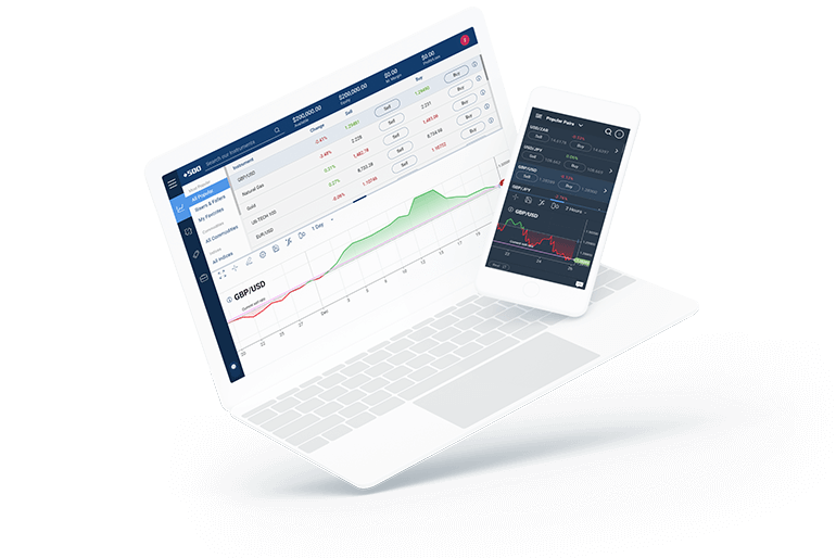 Plus500 trading platform in desktop and mobile view.