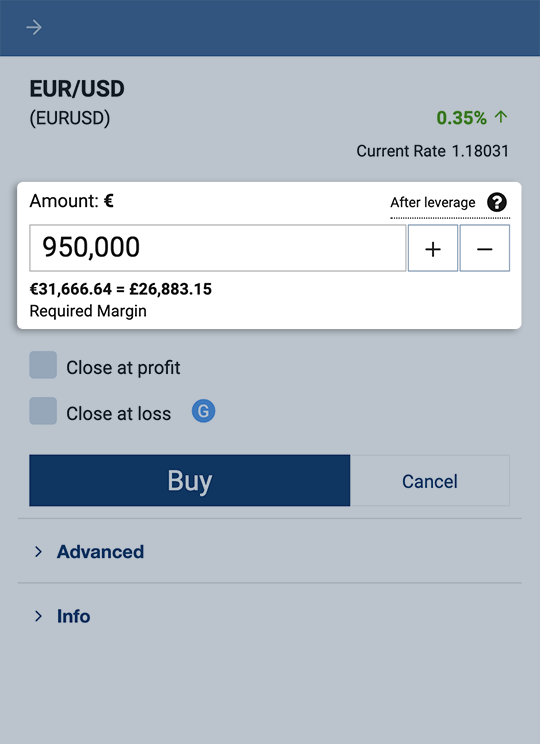 EUR/USD Buy screen with Leverage ratio and its Margin requirement example in mobile view.