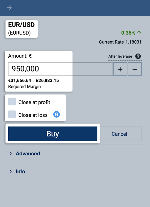 EUR/USD Buy screen in mobile view.