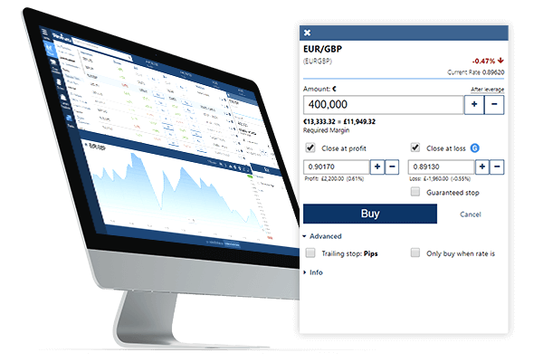 Computer with the WebTrader and the instrument details of EUR/GBP highlighted.