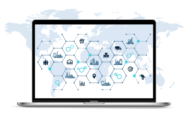 Grid with icons for corporate finances, economics, politics and performance.