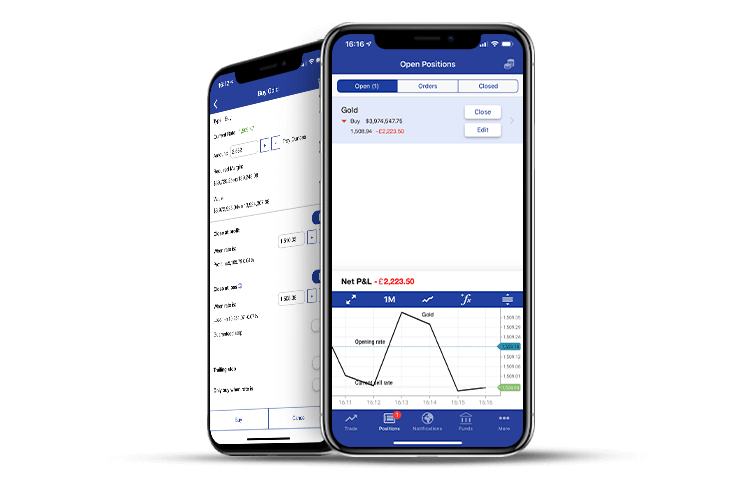 An iPhone screen of WebTrader with an Open Position on Gold.