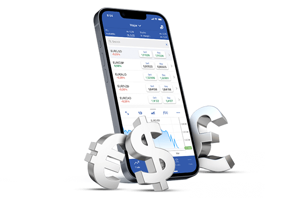 Phone showing the WebTrader with Major Forex pairs, as well as the Euro, Dollar and Pound symbols.