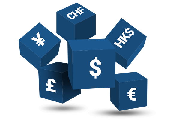 Cubes displaying symbols of various currencies.