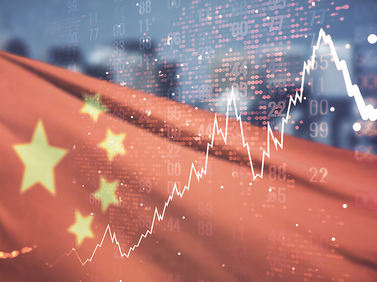 An image of the Chinese flag and a stock market chart in the background 